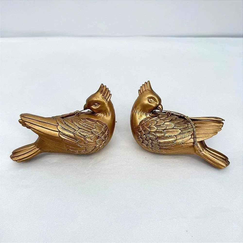 Gold Glitter Hanging Bird Christmas Ornaments Mount Set of 2 Holiday Decor